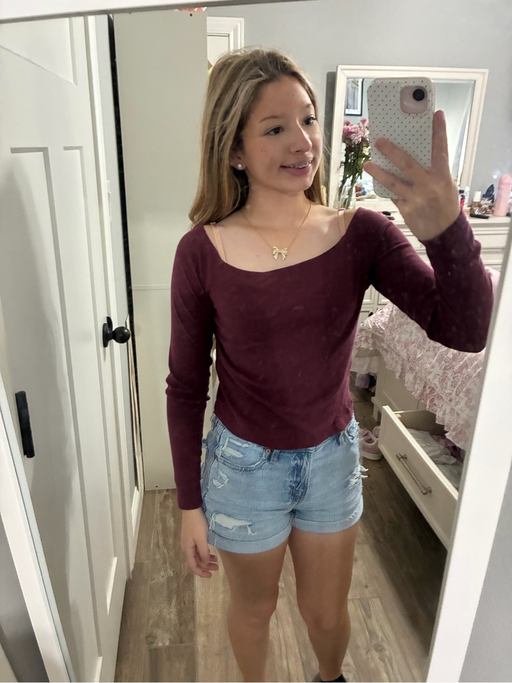 Hollister Off-Shoulder Long Sleeve Top in Burgundy